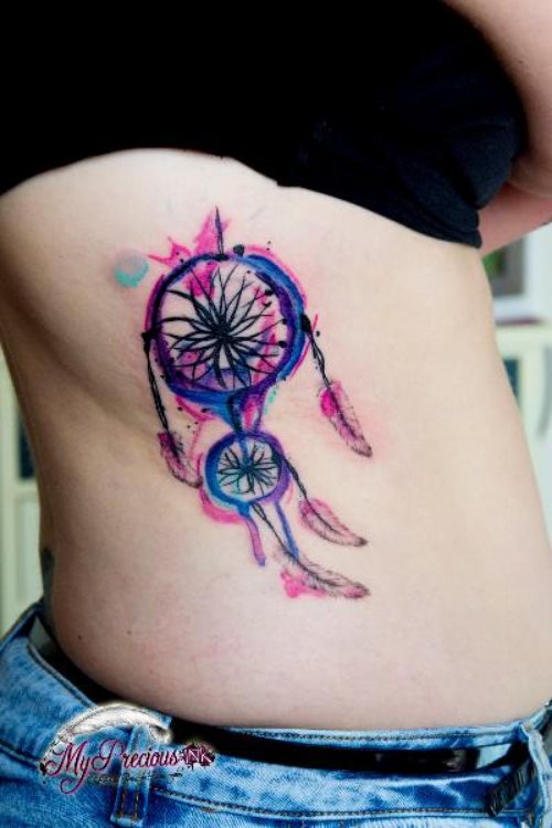 Abstract Color Dreamcatcher Tattoo On Girl Side